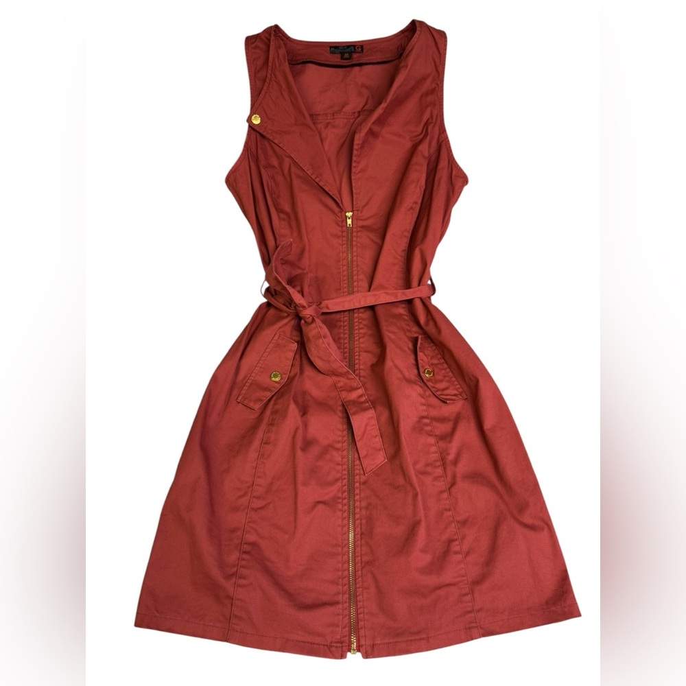 Guess Sleeveless Moto Burnt Orange Waist Tie Collared Mini Dress